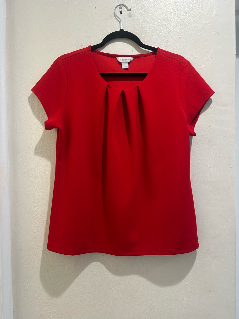 Liz Claiborne Bright Red Short-Sleeve Pleated Neck Blouse size L